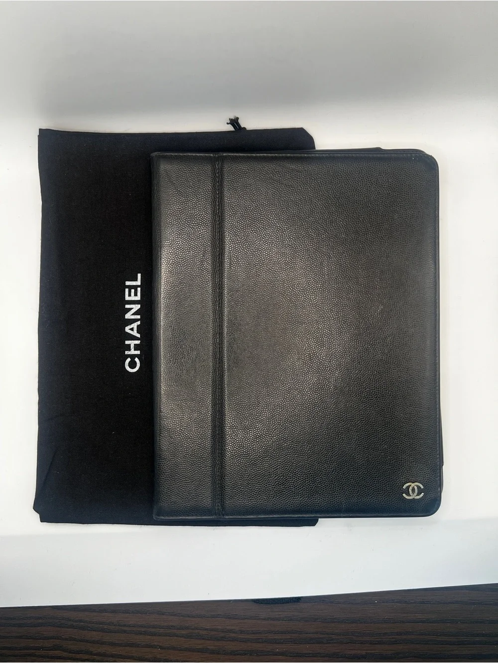 **Rare** CHANEL Black Caviar Leather iPad Tablet Case Holder w/ Folding Stand CC